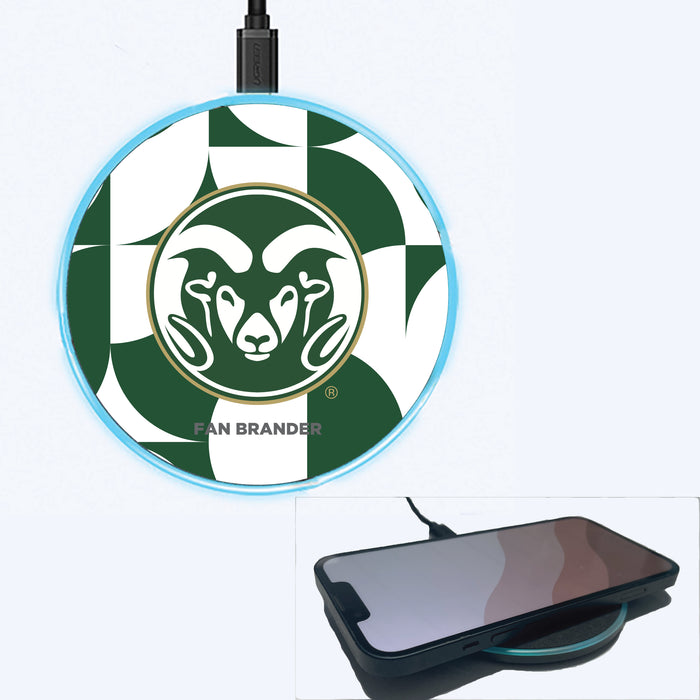 Fan Brander Grey 15W Wireless Charger with Colorado State Rams Primary Logo on Geometric Circle Background