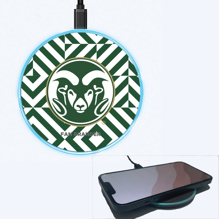 Fan Brander Grey 15W Wireless Charger with Colorado State Rams Primary Logo on Geometric Diamonds Background