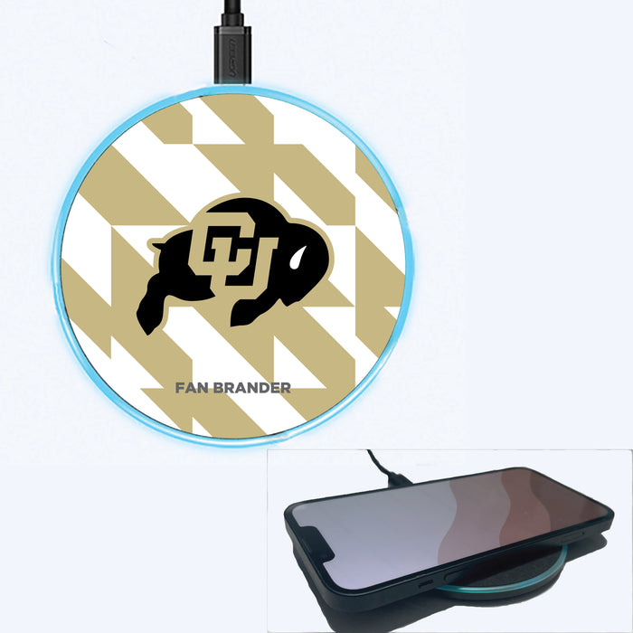 Fan Brander Grey 15W Wireless Charger with Colorado Buffaloes Primary Logo on Geometric Quad Background