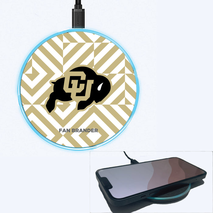 Fan Brander Grey 15W Wireless Charger with Colorado Buffaloes Primary Logo on Geometric Diamonds Background