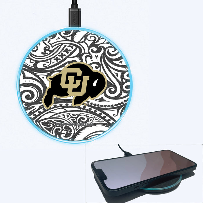 Fan Brander Grey 15W Wireless Charger with Colorado Buffaloes Primary Logo With Black Tribal