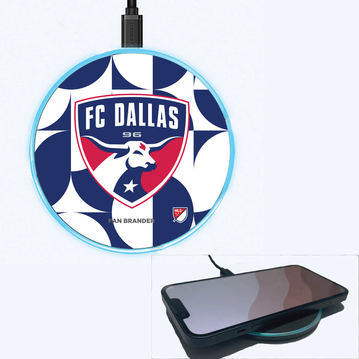 Fan Brander Grey 15W Wireless Charger with FC Dallas Primary Logo on Geometric Circle Background