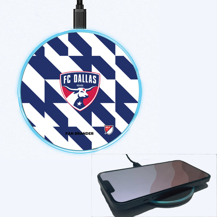 Fan Brander Grey 15W Wireless Charger with FC Dallas Primary Logo on Geometric Quad Background
