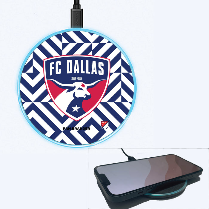 Fan Brander Grey 15W Wireless Charger with FC Dallas Primary Logo on Geometric Diamonds Background