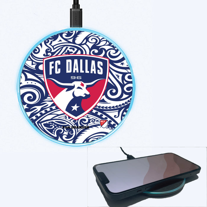 Fan Brander Grey 15W Wireless Charger with FC Dallas Primary Logo With Team Color Tribal Background