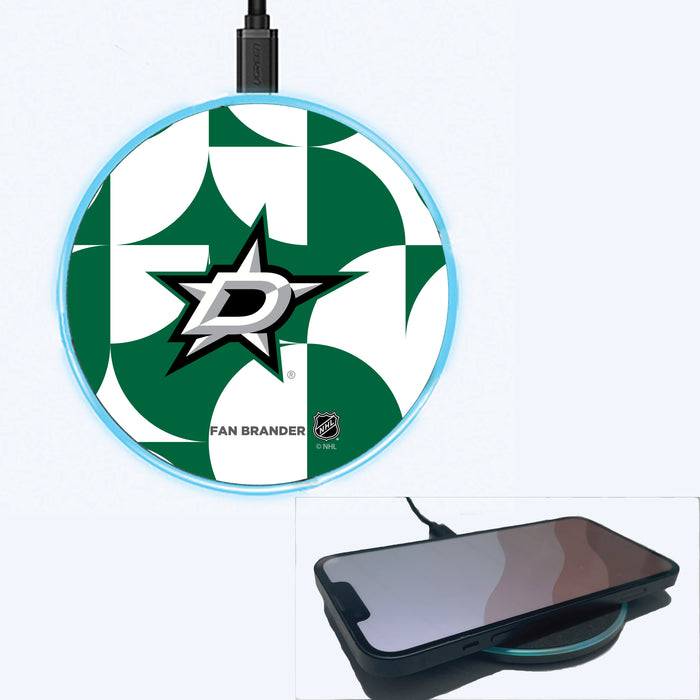 Fan Brander Grey 15W Wireless Charger with Dallas Stars Primary Logo on Geometric Circle Background