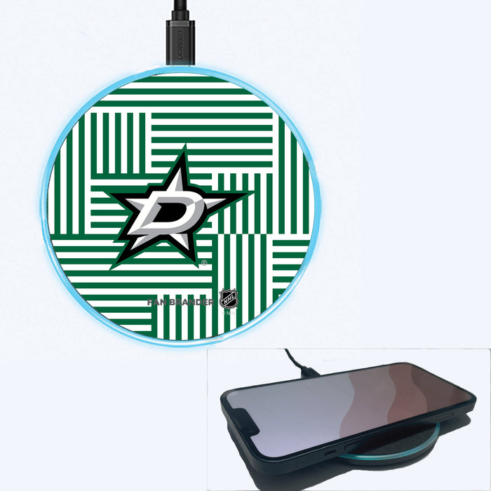 Fan Brander Grey 15W Wireless Charger with Dallas Stars Primary Logo on Geometric Lines Background