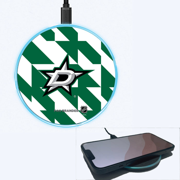Fan Brander Grey 15W Wireless Charger with Dallas Stars Primary Logo on Geometric Quad Background