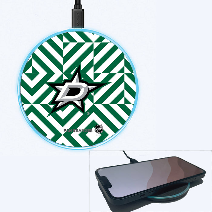 Fan Brander Grey 15W Wireless Charger with Dallas Stars Primary Logo on Geometric Diamonds Background