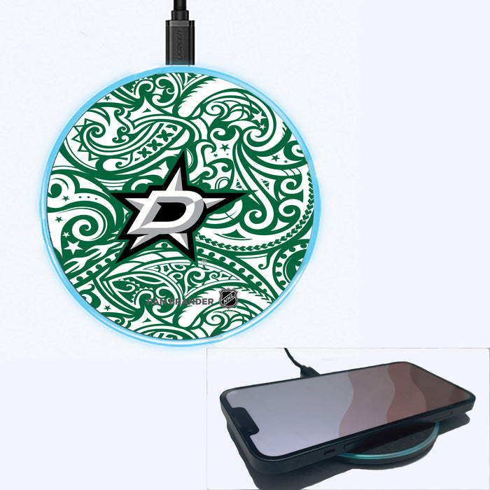 Fan Brander Grey 15W Wireless Charger with Dallas Stars Primary Logo With Team Color Tribal Background