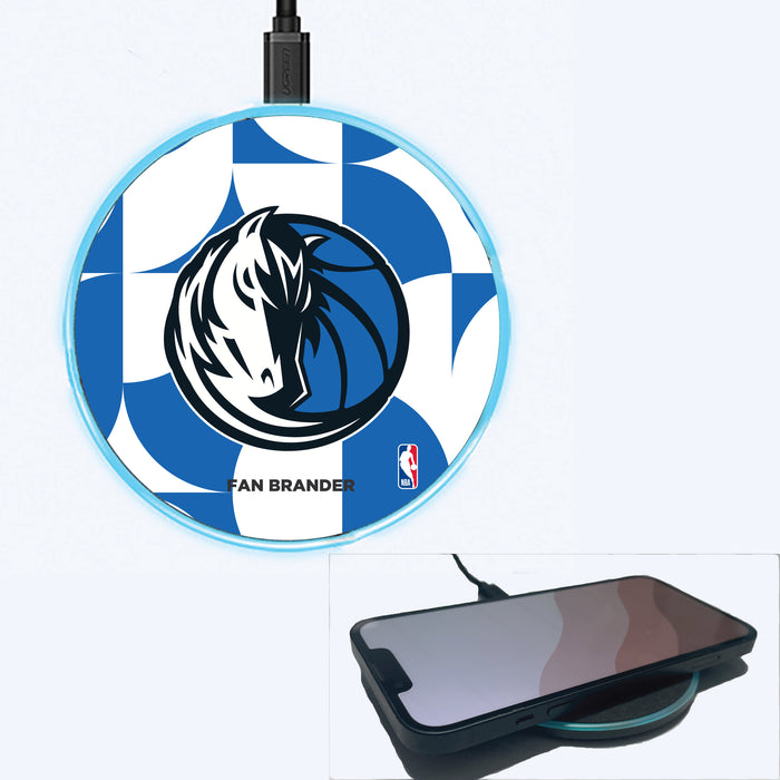 Fan Brander Grey 15W Wireless Charger with Dallas Mavericks Primary Logo on Geometric Circle Background