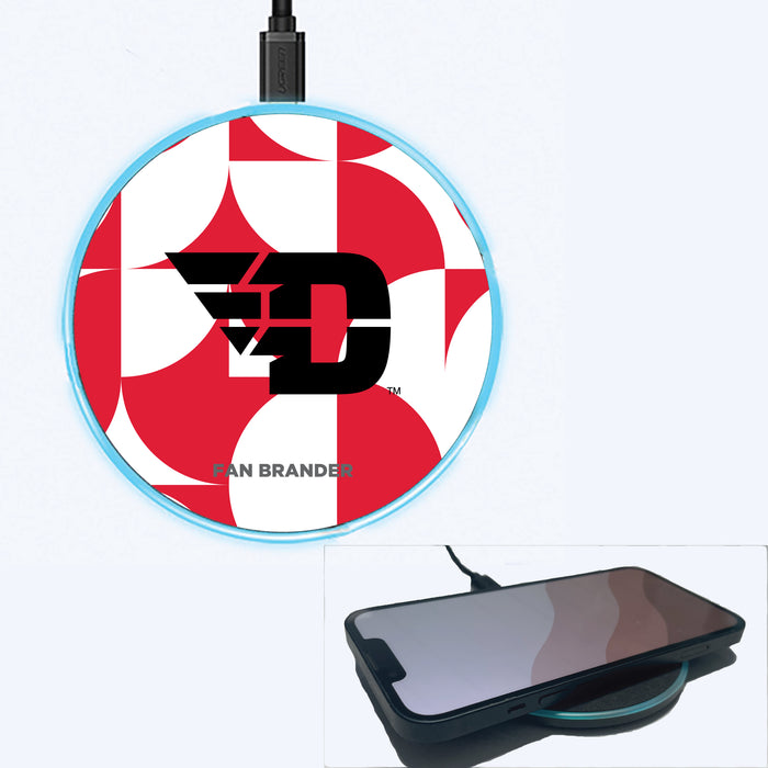 Fan Brander Grey 15W Wireless Charger with Dayton Flyers Primary Logo on Geometric Circle Background