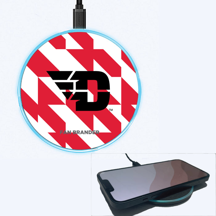 Fan Brander Grey 15W Wireless Charger with Dayton Flyers Primary Logo on Geometric Quad Background