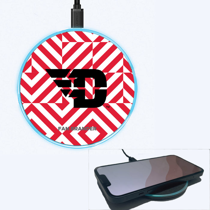 Fan Brander Grey 15W Wireless Charger with Dayton Flyers Primary Logo on Geometric Diamonds Background