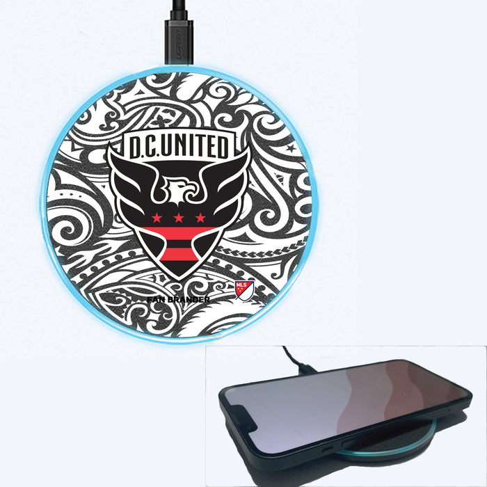 Fan Brander Grey 15W Wireless Charger with D.C. United Primary Logo With Black Tribal