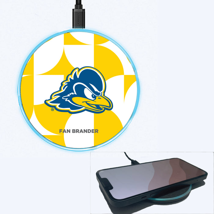 Fan Brander Grey 15W Wireless Charger with Delaware Fightin' Blue Hens Primary Logo on Geometric Circle Background
