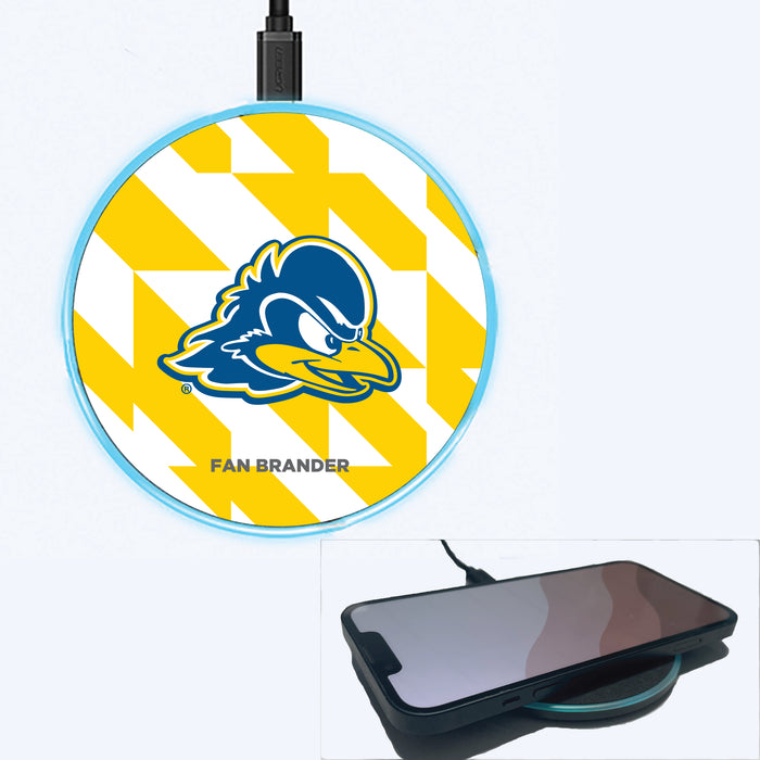 Fan Brander Grey 15W Wireless Charger with Delaware Fightin' Blue Hens Primary Logo on Geometric Quad Background
