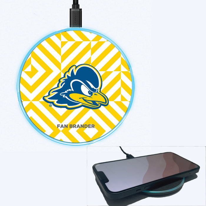 Fan Brander Grey 15W Wireless Charger with Delaware Fightin' Blue Hens Primary Logo on Geometric Diamonds Background