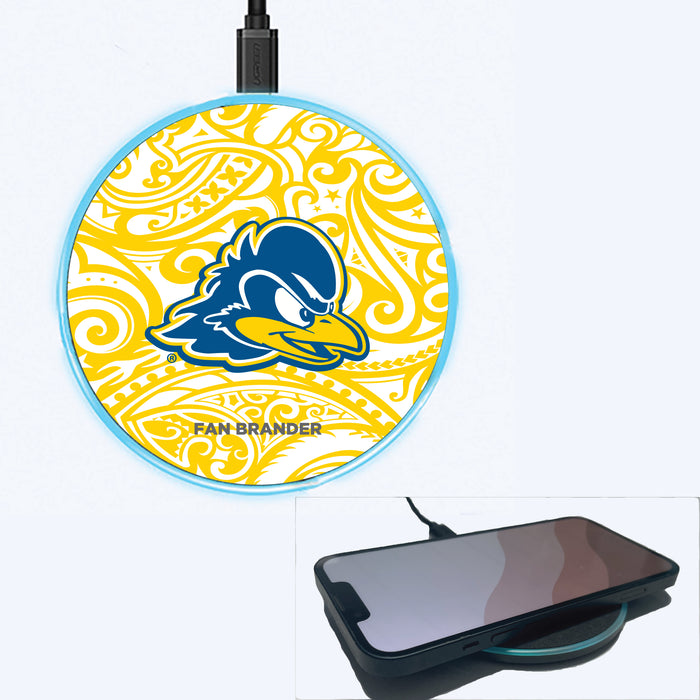 Fan Brander Grey 15W Wireless Charger with Delaware Fightin' Blue Hens Primary Logo With Team Color Tribal Background