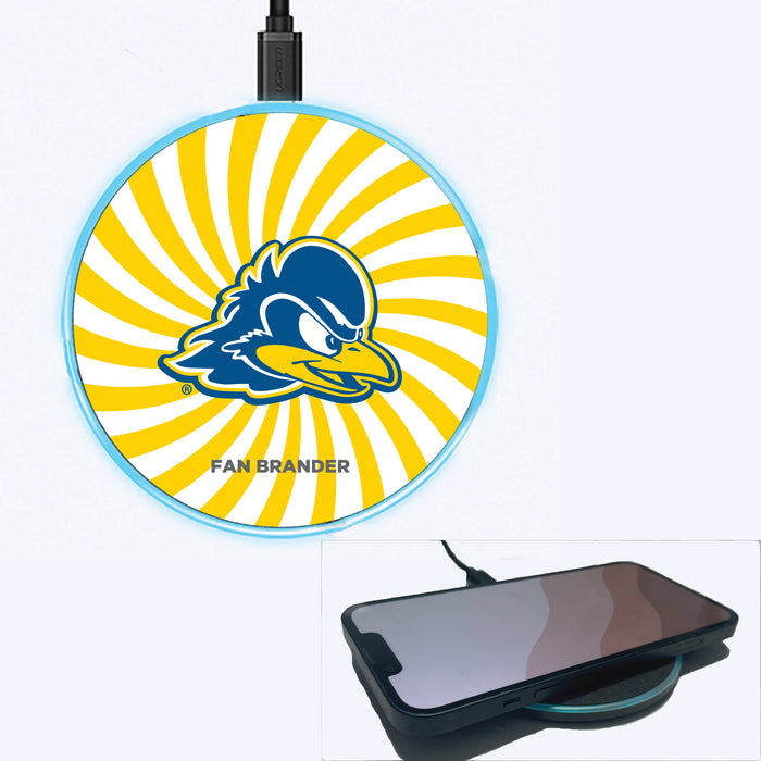 Fan Brander Grey 15W Wireless Charger with Delaware Fightin' Blue Hens Primary Logo With Team Groovey Burst