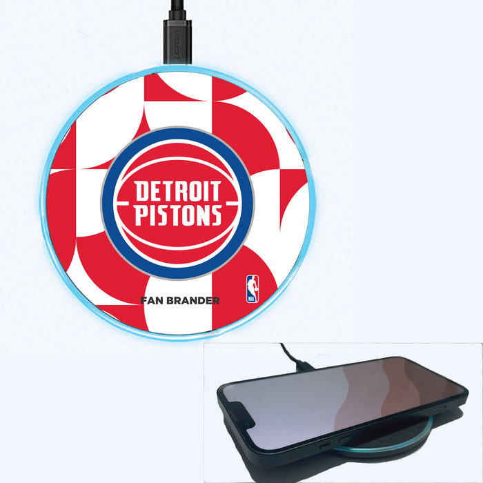 Fan Brander Grey 15W Wireless Charger with Detroit Pistons Primary Logo on Geometric Circle Background