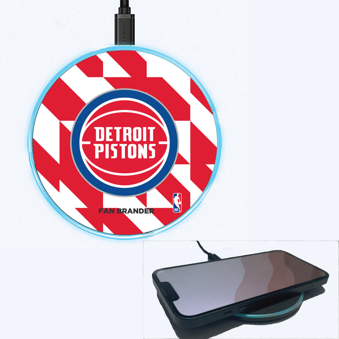 Fan Brander Grey 15W Wireless Charger with Detroit Pistons Primary Logo on Geometric Quad Background