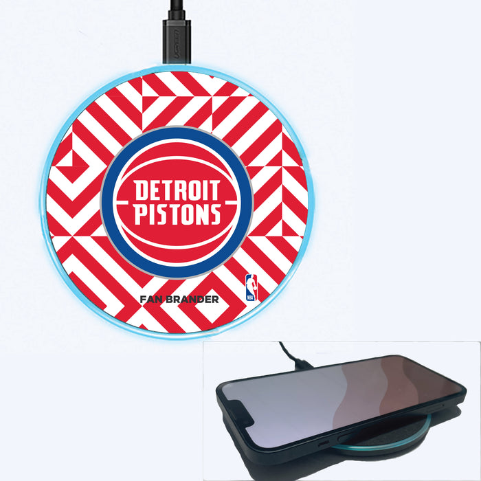 Fan Brander Grey 15W Wireless Charger with Detroit Pistons Primary Logo on Geometric Diamonds Background