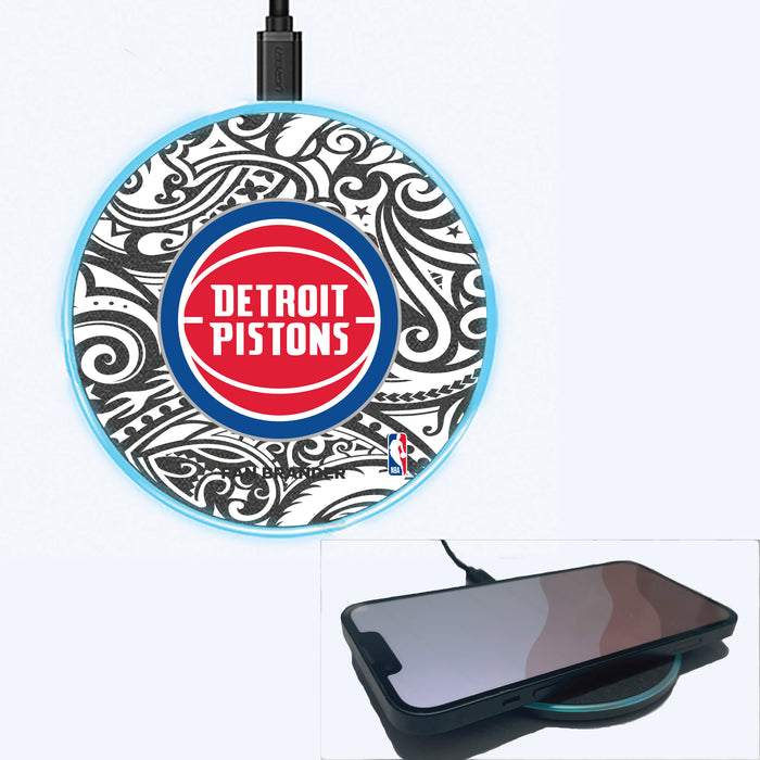 Fan Brander Grey 15W Wireless Charger with Detroit Pistons Primary Logo With Black Tribal
