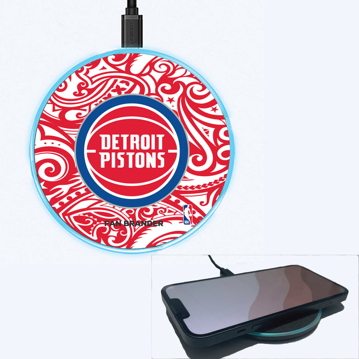 Fan Brander Grey 15W Wireless Charger with Detroit Pistons Primary Logo With Team Color Tribal Background