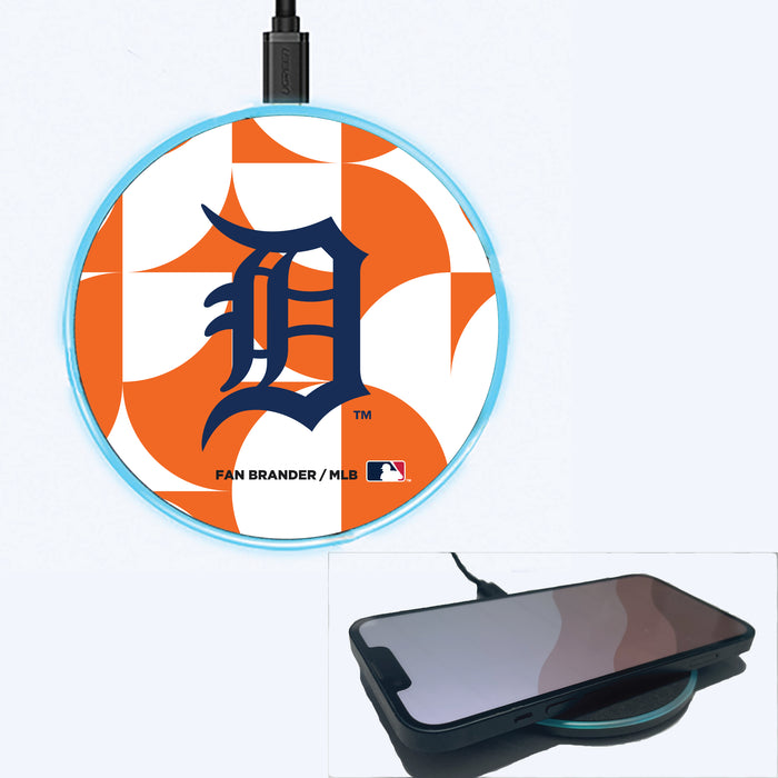 Fan Brander Grey 15W Wireless Charger with Detroit Tigers Primary Logo on Geometric Circle Background