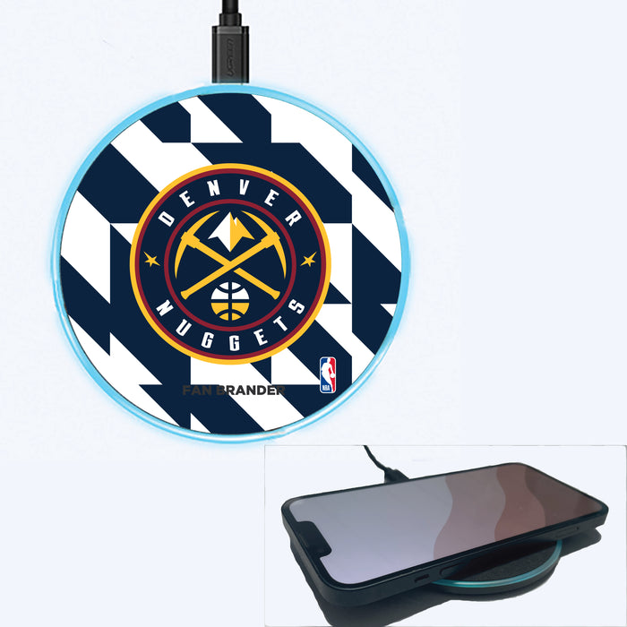 Fan Brander Grey 15W Wireless Charger with Denver Nuggets Primary Logo on Geometric Quad Background