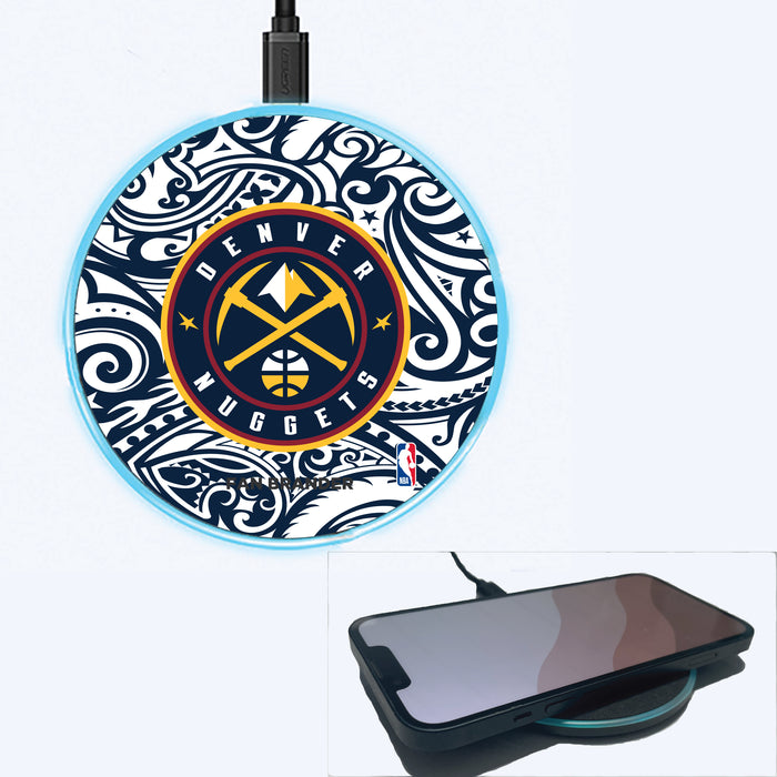 Fan Brander Grey 15W Wireless Charger with Denver Nuggets Primary Logo With Team Color Tribal Background
