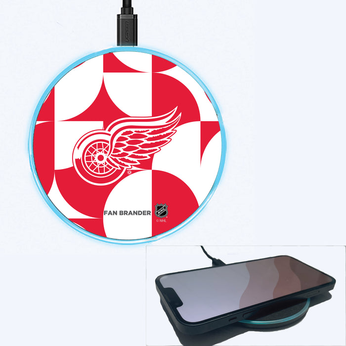 Fan Brander Grey 15W Wireless Charger with Detroit Red Wings Primary Logo on Geometric Circle Background