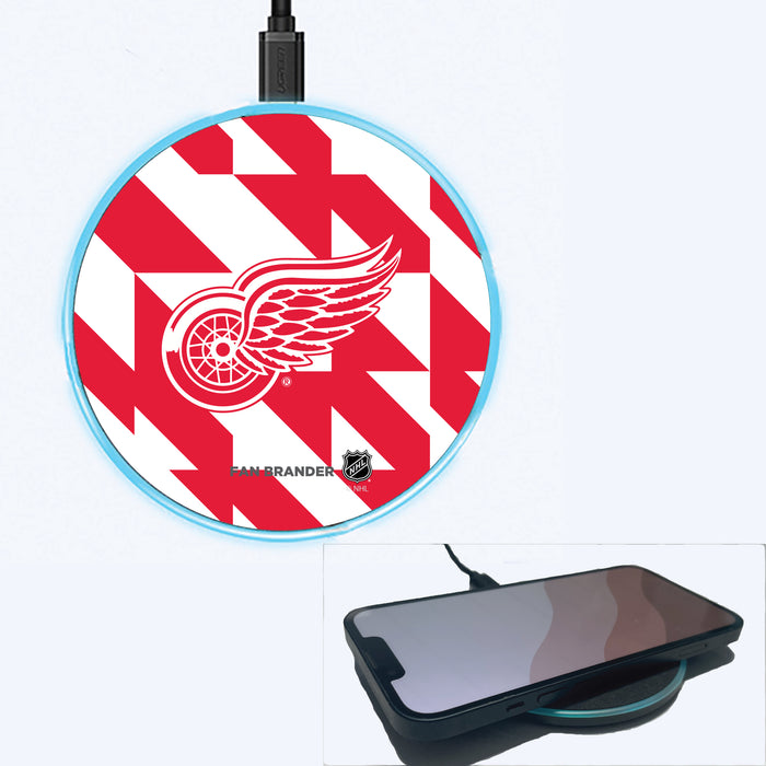 Fan Brander Grey 15W Wireless Charger with Detroit Red Wings Primary Logo on Geometric Quad Background