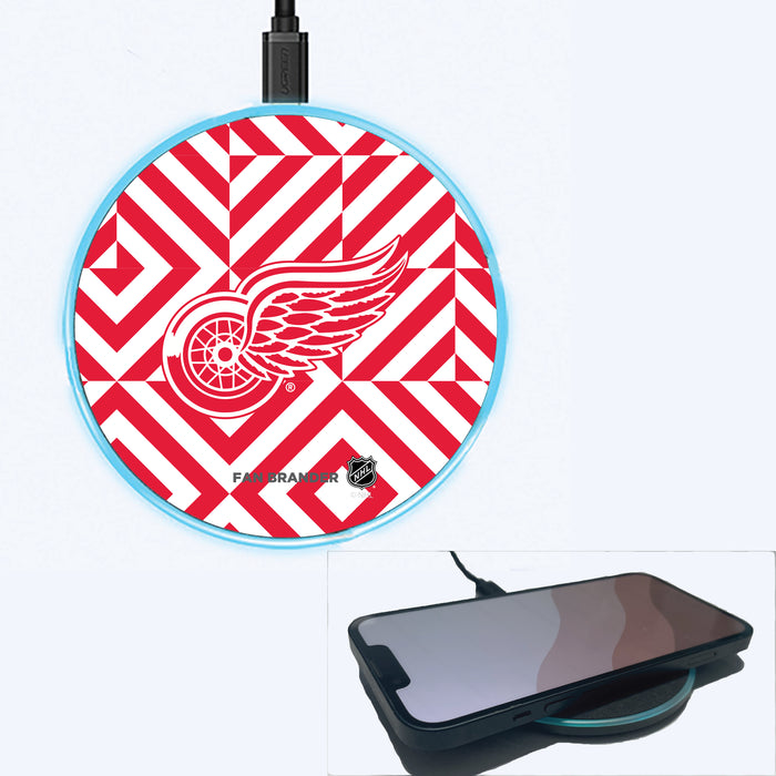 Fan Brander Grey 15W Wireless Charger with Detroit Red Wings Primary Logo on Geometric Diamonds Background
