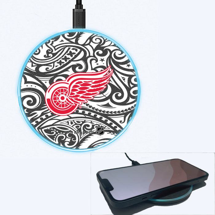 Fan Brander Grey 15W Wireless Charger with Detroit Red Wings Primary Logo With Black Tribal