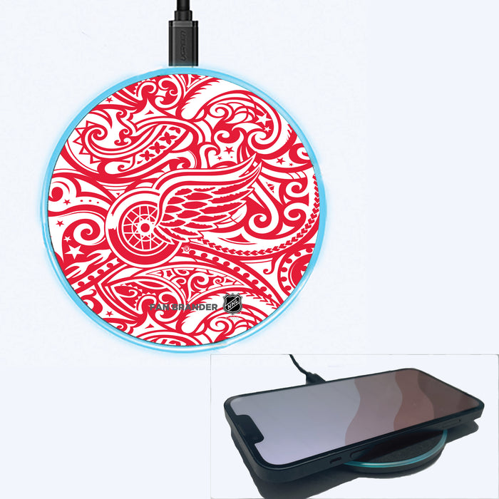 Fan Brander Grey 15W Wireless Charger with Detroit Red Wings Primary Logo With Team Color Tribal Background