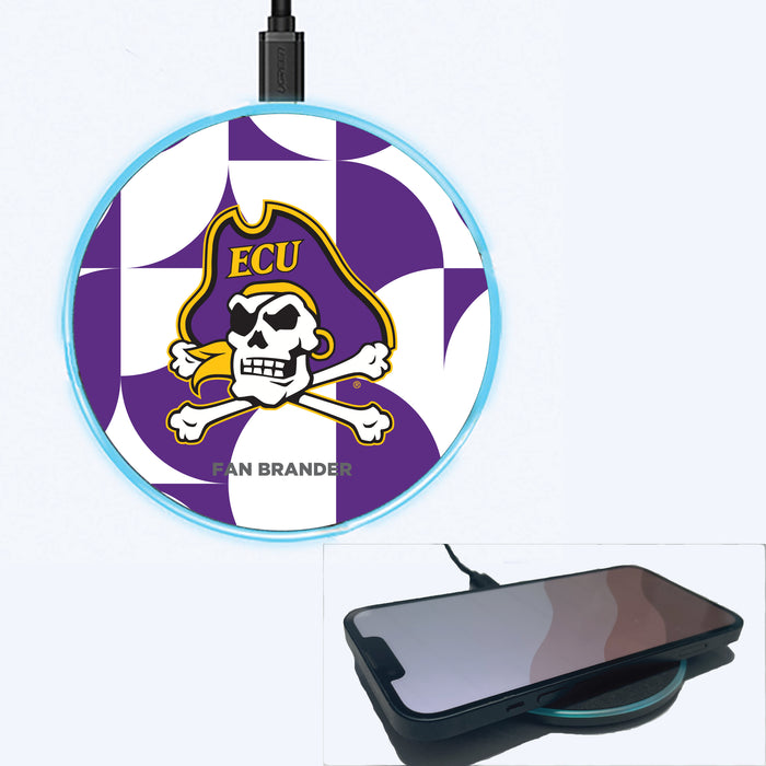 Fan Brander Grey 15W Wireless Charger with East Carolina Pirates Primary Logo on Geometric Circle Background