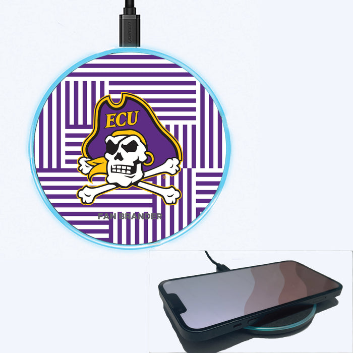 Fan Brander Grey 15W Wireless Charger with East Carolina Pirates Primary Logo on Geometric Lines Background