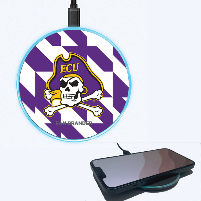 Fan Brander Grey 15W Wireless Charger with East Carolina Pirates Primary Logo on Geometric Quad Background