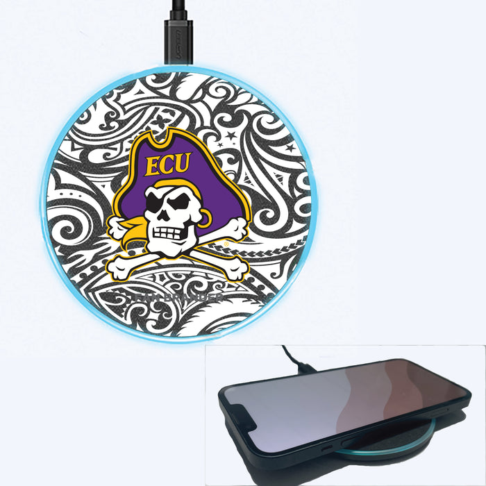Fan Brander Grey 15W Wireless Charger with East Carolina Pirates Primary Logo With Black Tribal