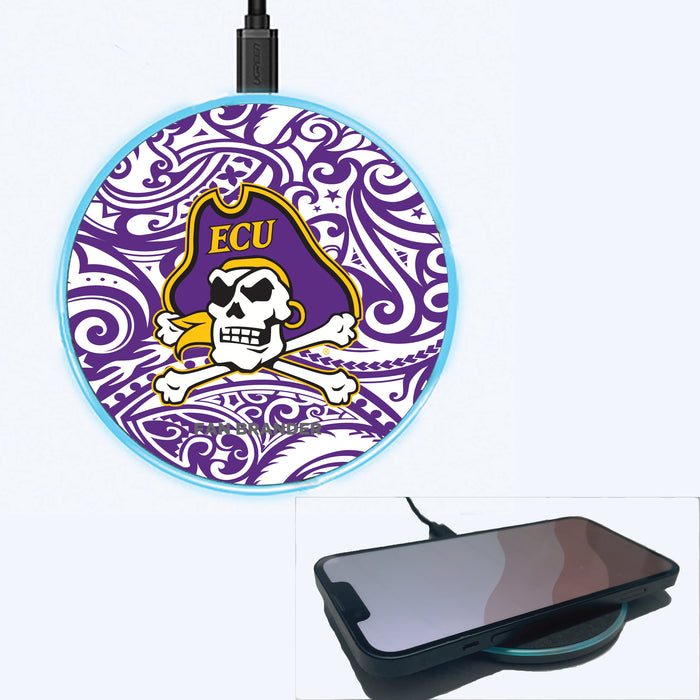 Fan Brander Grey 15W Wireless Charger with East Carolina Pirates Primary Logo With Team Color Tribal Background
