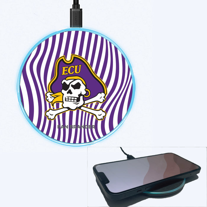 Fan Brander Grey 15W Wireless Charger with East Carolina Pirates Primary Logo With Team Groovey Lines