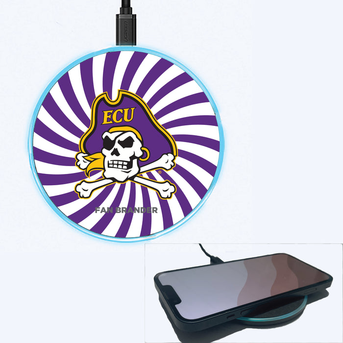 Fan Brander Grey 15W Wireless Charger with East Carolina Pirates Primary Logo With Team Groovey Burst