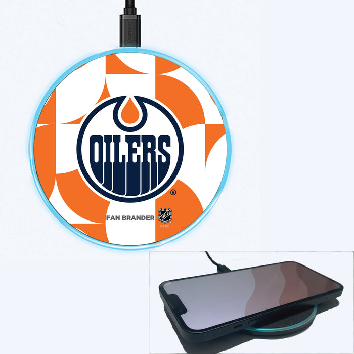 Fan Brander Grey 15W Wireless Charger with Edmonton Oilers Primary Logo on Geometric Circle Background