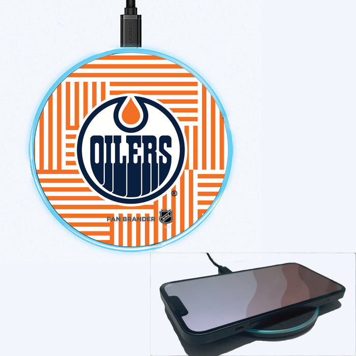 Fan Brander Grey 15W Wireless Charger with Edmonton Oilers Primary Logo on Geometric Lines Background