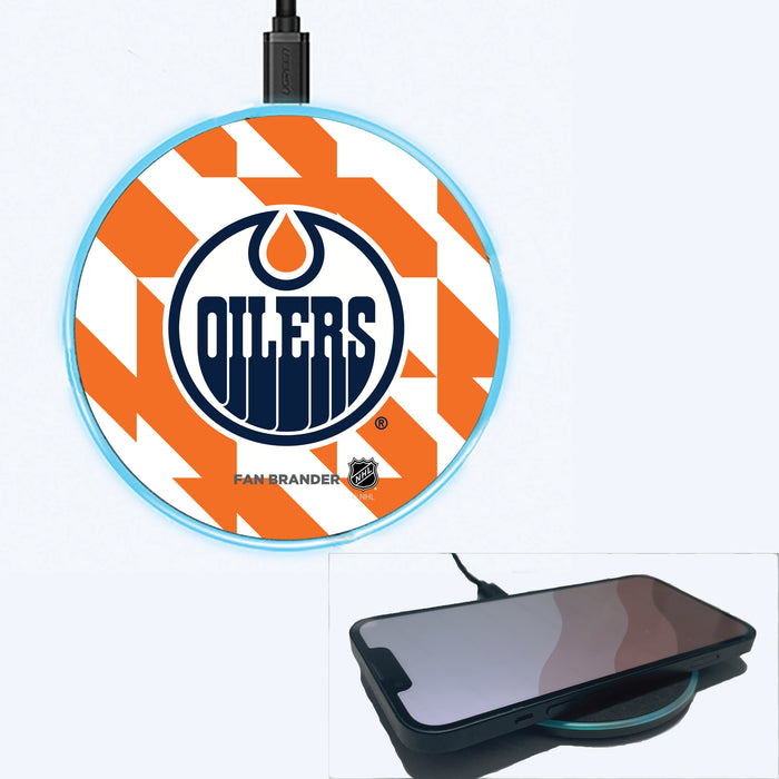 Fan Brander Grey 15W Wireless Charger with Edmonton Oilers Primary Logo on Geometric Quad Background