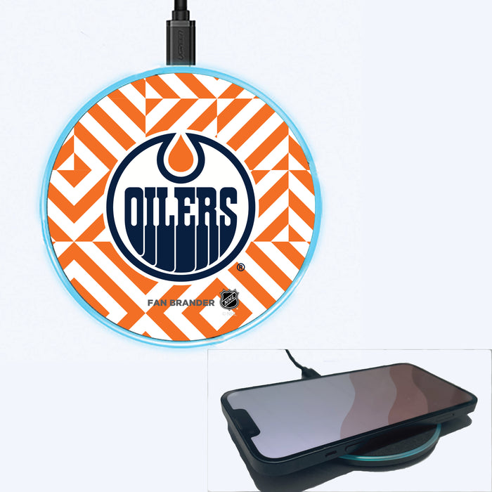 Fan Brander Grey 15W Wireless Charger with Edmonton Oilers Primary Logo on Geometric Diamonds Background