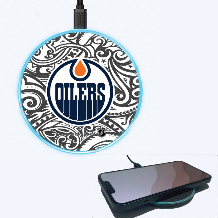 Fan Brander Grey 15W Wireless Charger with Edmonton Oilers Primary Logo With Black Tribal