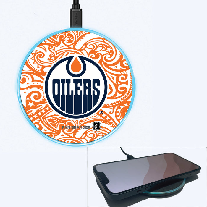 Fan Brander Grey 15W Wireless Charger with Edmonton Oilers Primary Logo With Team Color Tribal Background